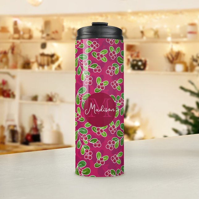 Festive Cranberry Foliage Pattern, Fuchsia  Thermal Tumbler (Festive Cranberry Pattern with Monogram Tumbler)