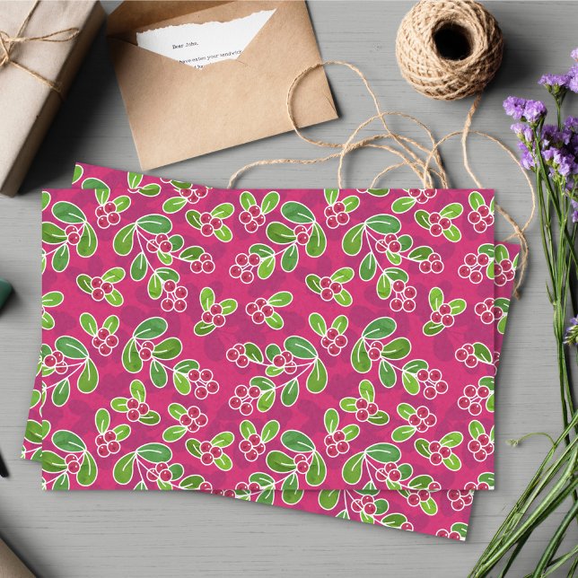 Festive Cranberry Foliage Pattern, Fuchsia  Tissue Paper (Cranberry Pattern Tissue Paper)