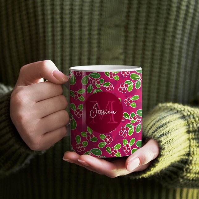 Festive Cranberry Foliage Pattern Monogram Coffee Mug (Fuchsia Festive Cranberry Pattern Monogram Mug)