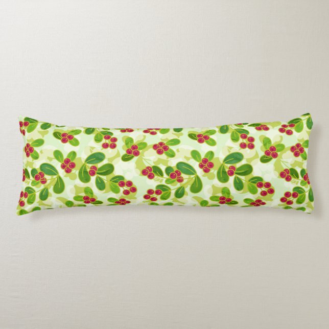 Festive Cranberry Fruit Pattern, Green Body Pillow (Front)