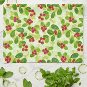 Festive Cranberry Fruit Pattern, Green Kitchen Towel