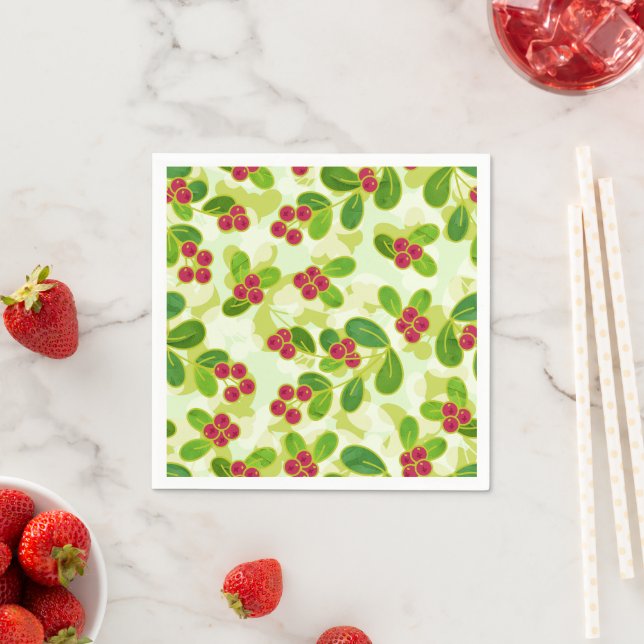 Festive Cranberry Fruit Pattern, Green Napkin (Insitu)