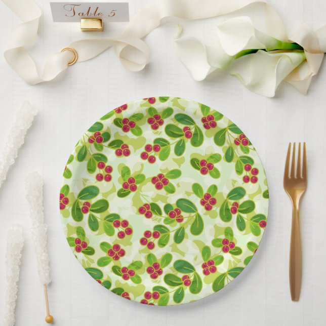 Festive Cranberry Fruit Pattern, Green Paper Plate (Wedding)