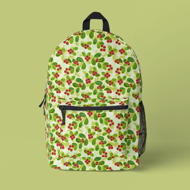 Festive Cranberry Fruit Pattern, Green Printed Backpack (Green Cranberry Pattern Backpack)