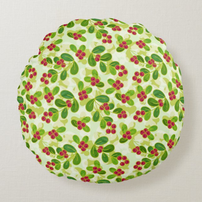 Festive Cranberry Fruit Pattern, Green Round Pillow (Front)