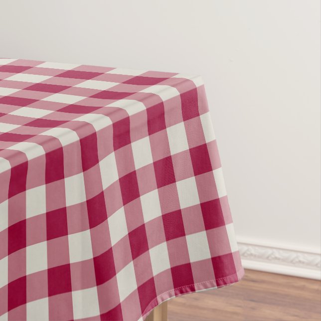 Festive Cranberry Red Gingham Plaid Rustic Holiday Tablecloth (In Situ)