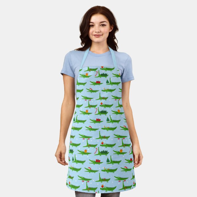Festive Crocodiles in Christmas Costumes Pattern Apron (Worn)