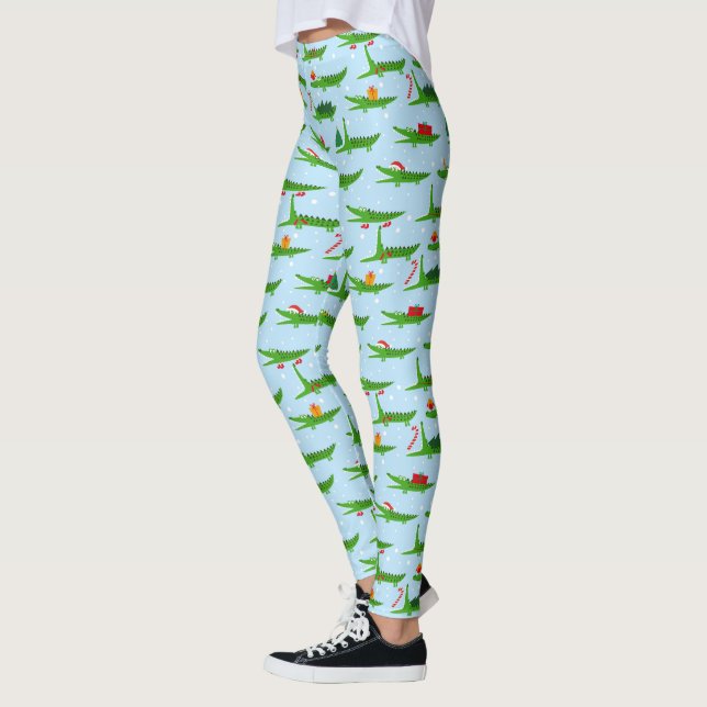 Festive Crocodiles in Christmas Costumes Pattern Leggings (Left)