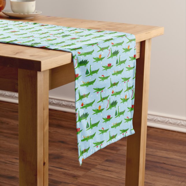 Festive Crocodiles in Christmas Costumes Pattern Short Table Runner (In Situ)