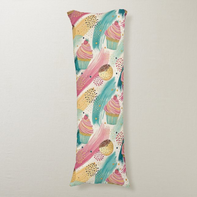 Festive Cupcake & Brushstroke Celebration Pattern Body Pillow (Front Vertical)