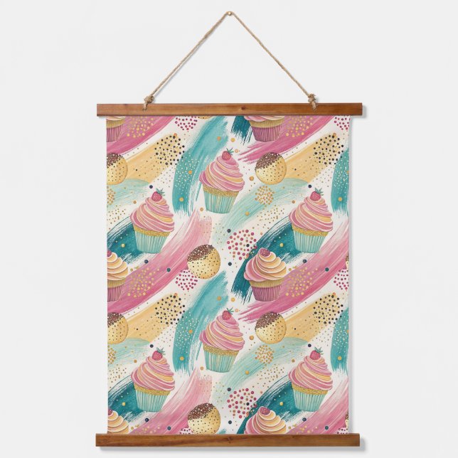 Festive Cupcake & Brushstroke Celebration Pattern Hanging Tapestry (Front)