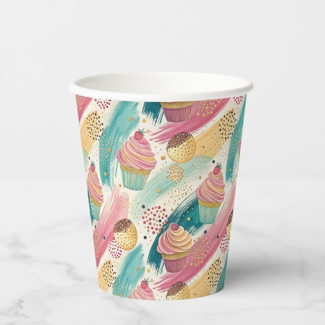 Festive Cupcake & Brushstroke Celebration Pattern Paper Cups (Front)