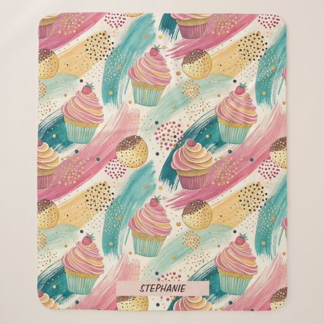Festive Cupcake & Brushstroke Celebration Pattern Sherpa Blanket (Front)