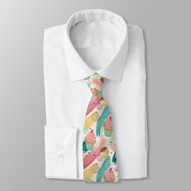 Festive Cupcake & Brushstroke Celebration Pattern Tie (Tied)