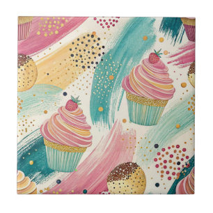 Festive Cupcake & Brushstroke Celebration Pattern Tile