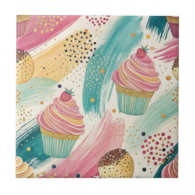 Festive Cupcake & Brushstroke Celebration Pattern Tile (Front)