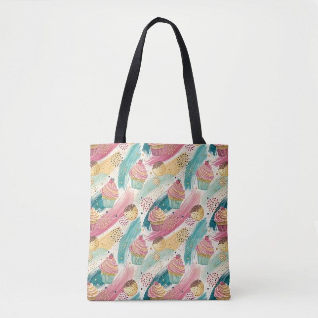 Festive Cupcake & Brushstroke Celebration Pattern Tote Bag (Front)