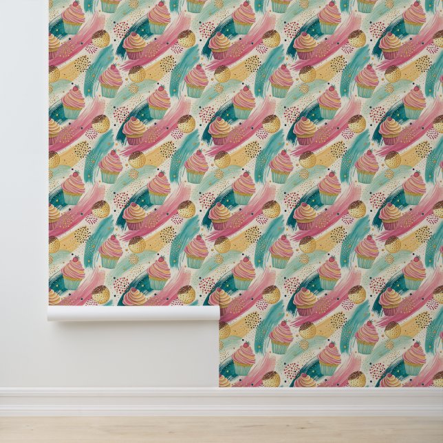 Festive Cupcake & Brushstroke Celebration Pattern Wallpaper (Application)