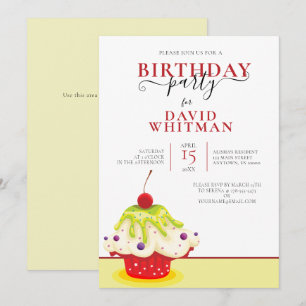 FESTIVE CUPCAKE WITH CHERRY BIRTHDAY PARTY INVITATION