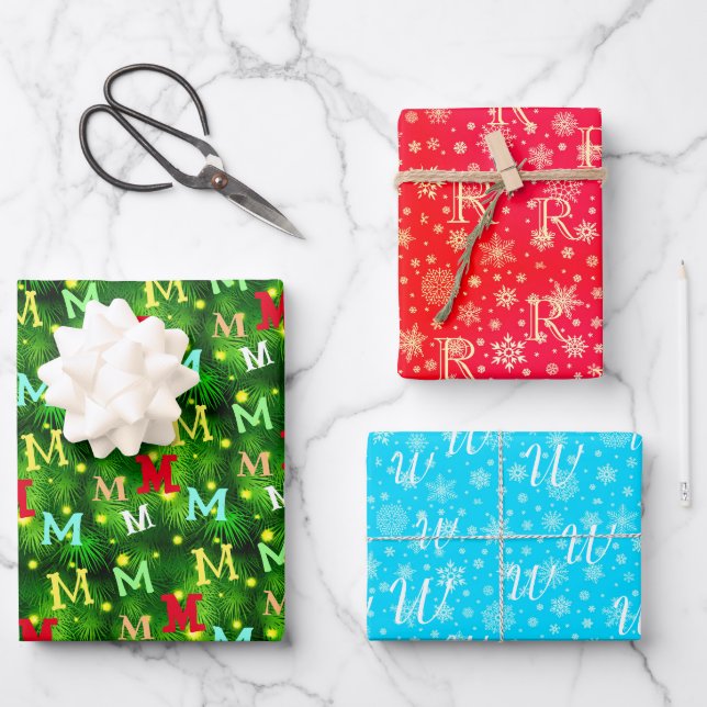 Festive custom monogram for your gift receivers wrapping paper sheet (Front)