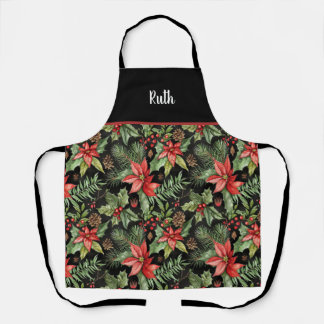Festive Custom Vintage Christmas Flowers Pattern Apron