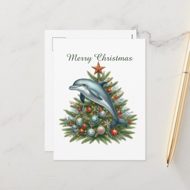 Festive customizable dolphin  holiday postcard (Front/Back In Situ)