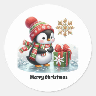 Festive customizable penguin Merry Christmas Classic Round Sticker