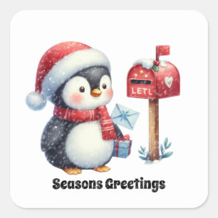 Festive customizable penguin Seasons Greetings Square Sticker