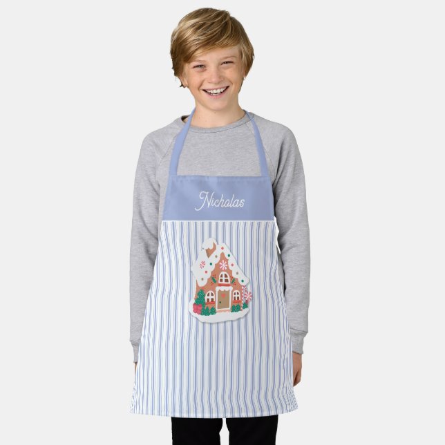 Festive Cute Blue Gingerbread House Stripe Name Apron (Worn)