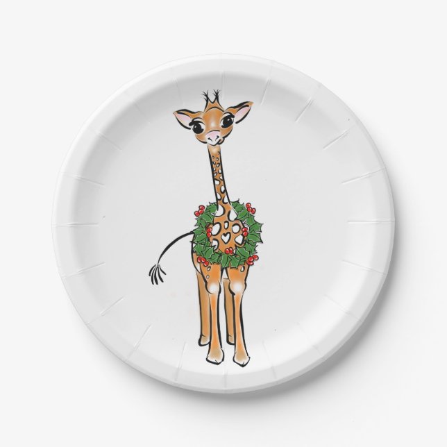 Festive cute Christmas Giraffe red green wreath   Paper Plate (Front)