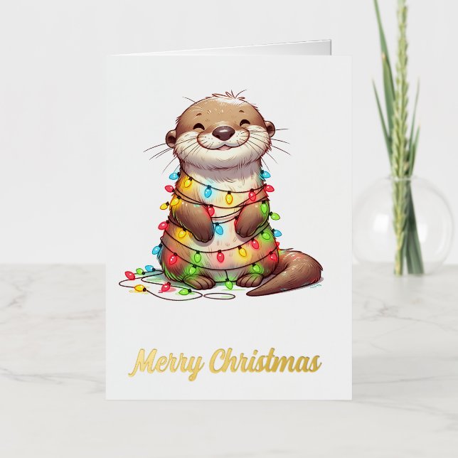 Festive Cute Christmas Otter Wrapped in Lights Foil Greeting Card (Front)