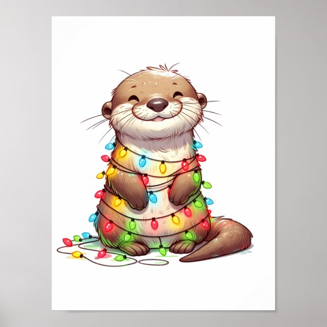 Festive Cute Christmas Otter Wrapped in Lights Poster (Front)