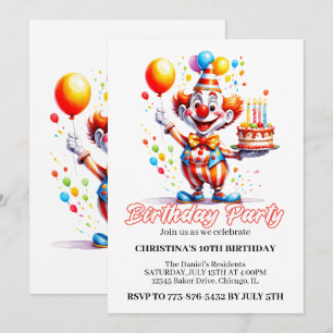 Festive Cute Clown Watercolor Birthday Party Invitation