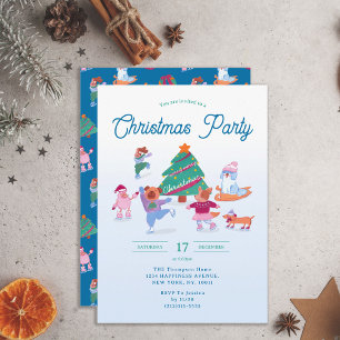 Festive Cute Dogs Ice Skating Blue Christmas Party Invitation