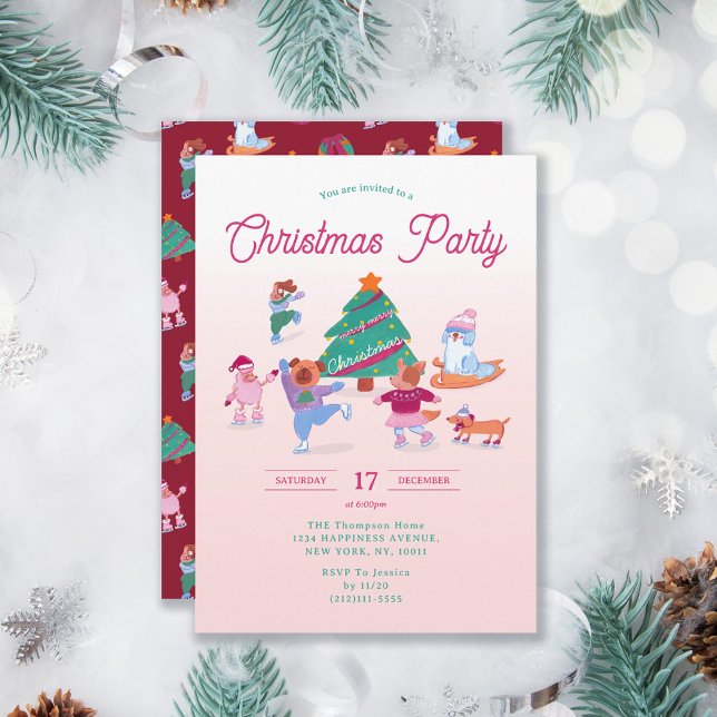 Festive Cute Dogs Ice Skating Pink Christmas Party Invitation (Creator Uploaded)