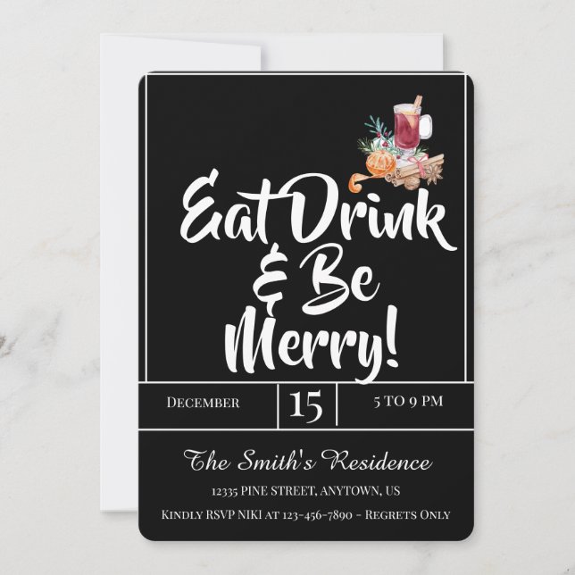 Festive Cute Drinks Party Eat Drink & Be Merry!  Invitation (Front)