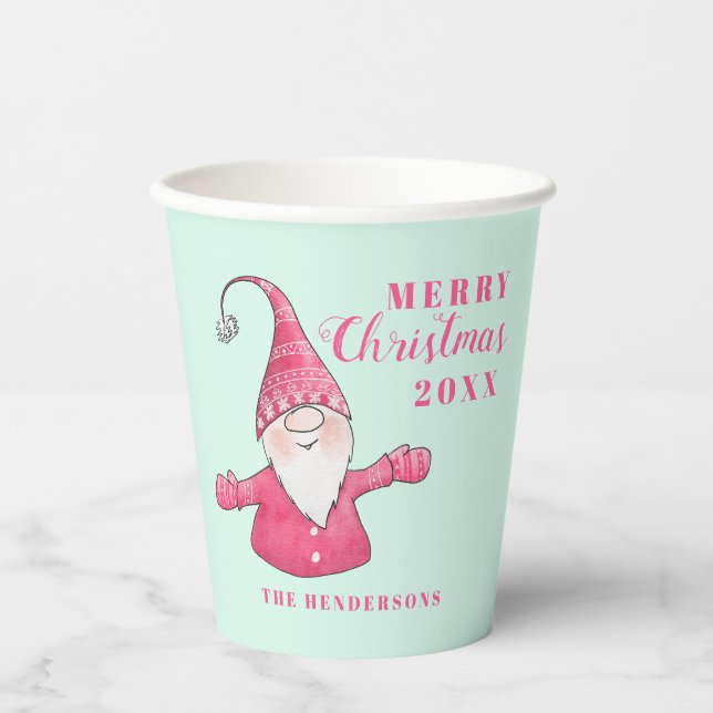 Festive Cute Gnome Pink and Mint Green Christmas Paper Cups (Front)