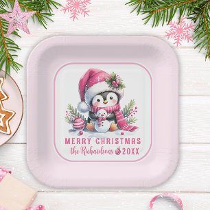 Festive Cute Penguin Pink Custom Merry Christmas Paper Plate