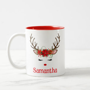 Festive Cute Reindeer Face with Poinsettia Two-Tone Coffee Mug