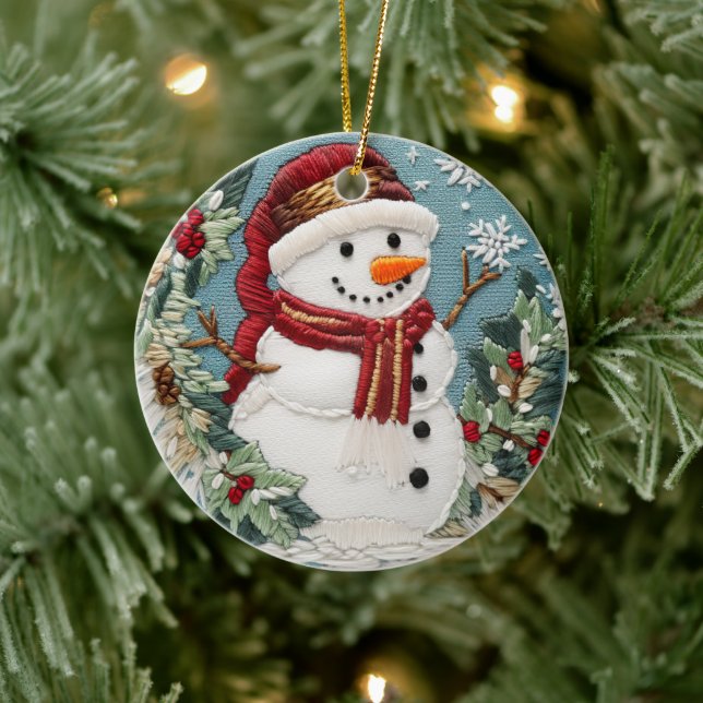 Festive Cute Snowman Christmas Holidays Embroidery Ceramic Ornament (Tree)