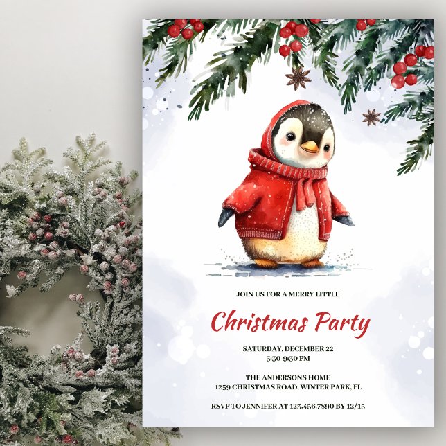 Festive Cute Watercolor Penguin Christmas Party Invitation (Creator Uploaded)