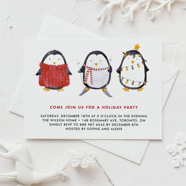 Festive Cute Watercolor Penguins Holiday Party Invitation (Creator Uploaded)