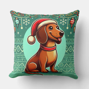 Festive Dachshund Wearing Santa Hat Throw Pillow