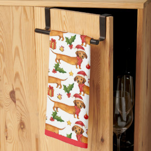Festive dachshunds Christmas pattern Kitchen Towel