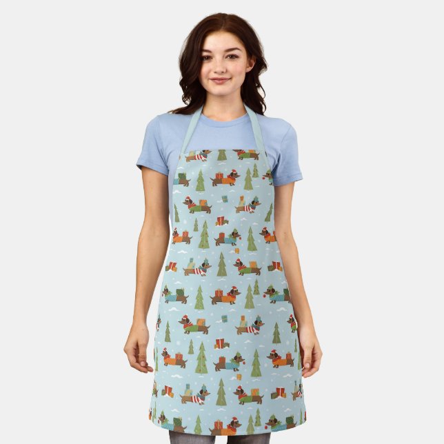 Festive Dachshunds in the Snow Pattern Apron (Worn)