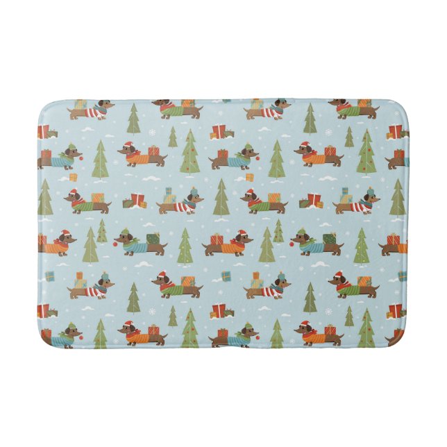 Festive Dachshunds in the Snow Pattern Bath Mat (Front)