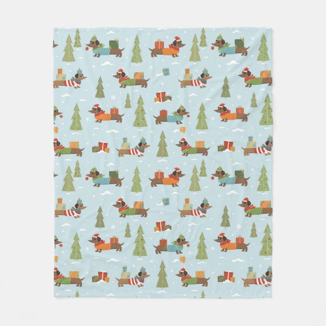 Festive Dachshunds in the Snow Pattern Fleece Blanket (Front)