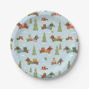 Festive Dachshunds in the Snow Pattern Paper Plate