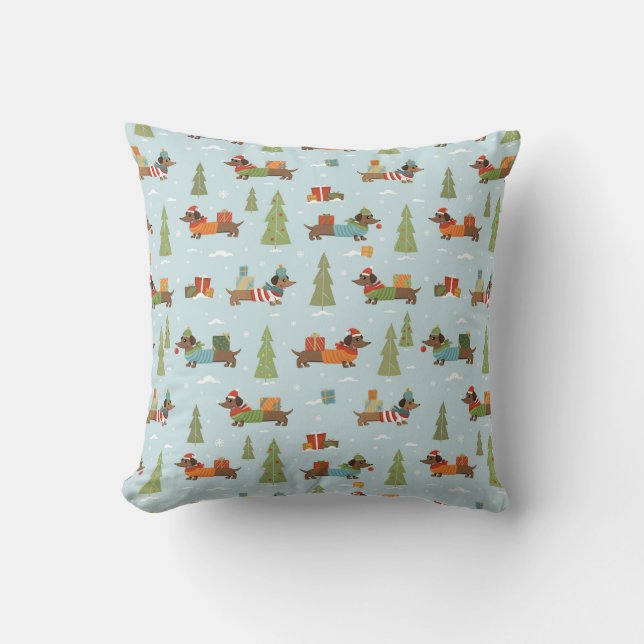 Festive Dachshunds in the Snow Pattern Throw Pillow (Front)
