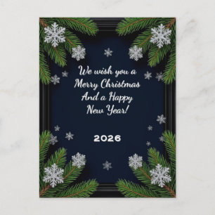 ✨ Festive Dark Blue Pine Branch Frame Winter Postcard